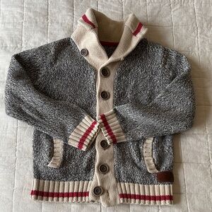 Roots cabin Gray and Cream Button-Up Cardigan with Red Accents